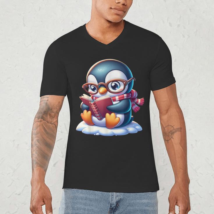Penguin Reading a Book Animal Men's V-Neck T-Shirt Penguin Reading a Book Animal Men's V-Neck T-Shirt
