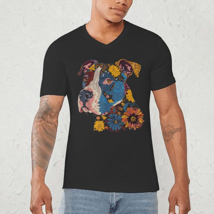 Pitbull Floral Dog Lover Vintage Flower Art Pitbull Mom Dad Men's V-Neck T-Shirt