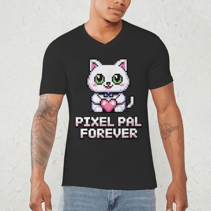 Pixel Art Pet Cat Y2K Retro Vintage Digital Nostalgia Tech Men's V-Neck T-Shirt