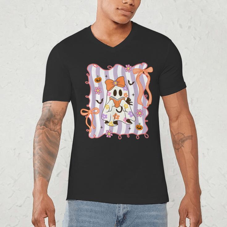 Preppy Coquette Bow Ghost Reading Books Halloween Book Men's V-Neck T-Shirt Preppy Coquette Bow Ghost Reading Books Halloween Book Men's V-Neck T-Shirt