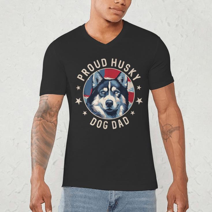 Proud Husky Dad American Flag Patriotic Husky Dad Men's V-Neck T-Shirt