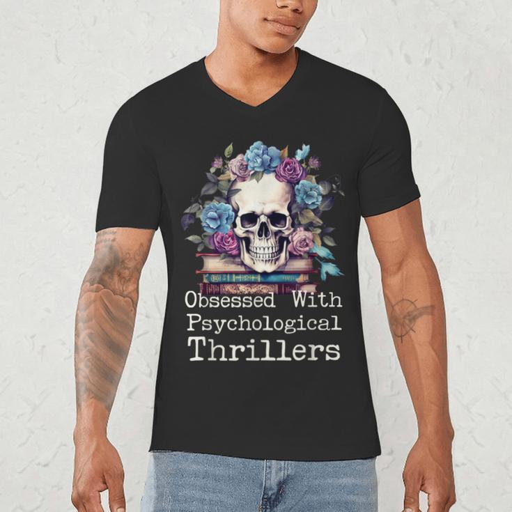 Psychological Thriller Reader Fan Skull Flowers Books Men's V-Neck T-Shirt