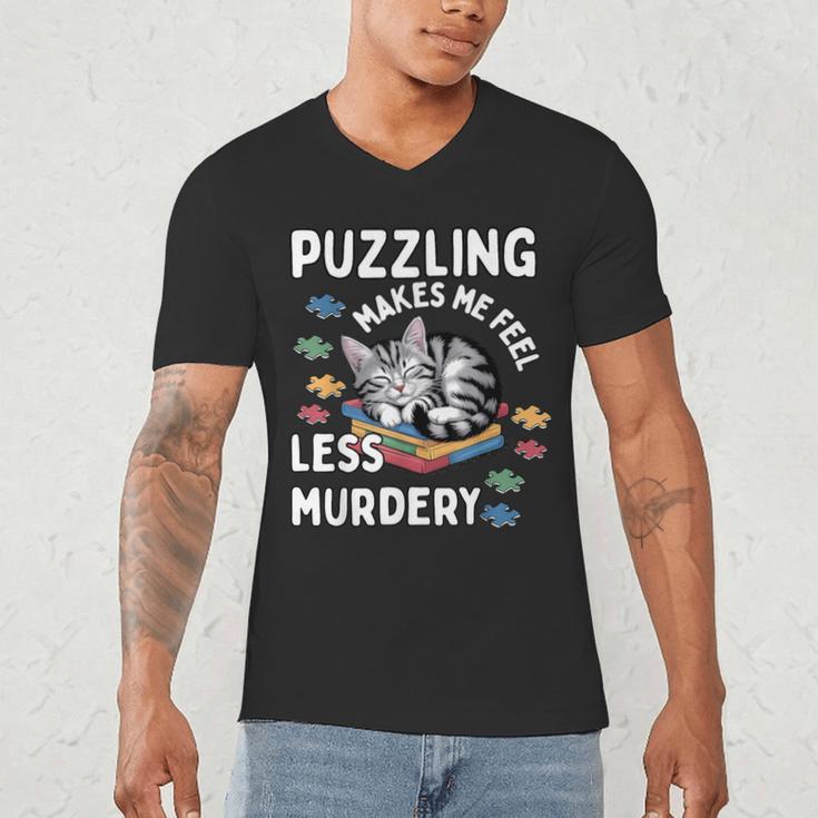 Puzzling Makes Me Feel Less Murdery Introvert Puzzle Cat Men's V-Neck T-Shirt