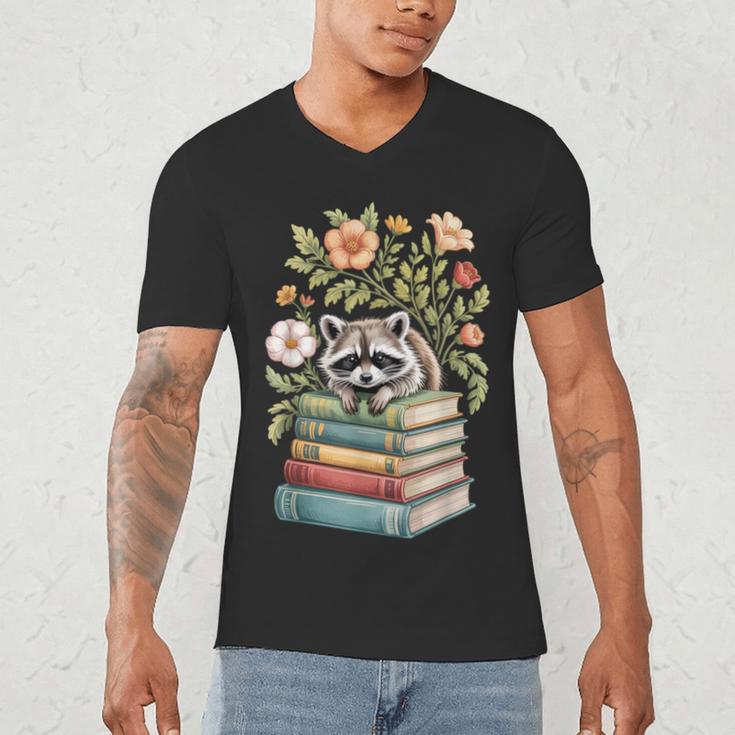 Raccoon Books Reading Flowers Men's V-Neck T-Shirt Raccoon Books Reading Flowers Men's V-Neck T-Shirt