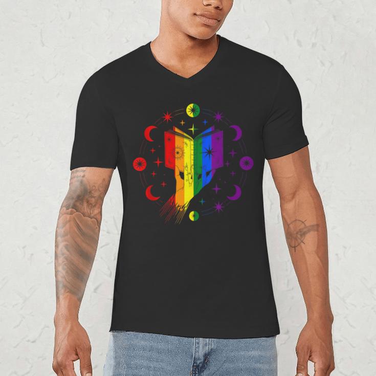 Rainbow Book With Stars And Moon Phases Gay Pride LGBT Men's V-Neck T-Shirt Rainbow Book With Stars And Moon Phases Gay Pride LGBT Men's V-Neck T-Shirt