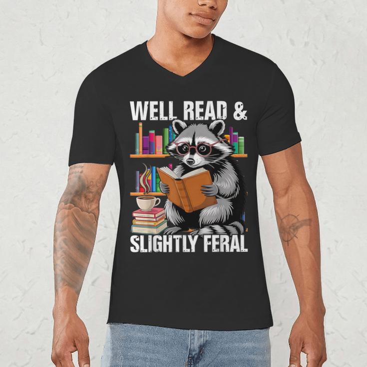 Well Read & Slightly Feral Raccoon Book Lover Graphic Men's V-Neck T-Shirt