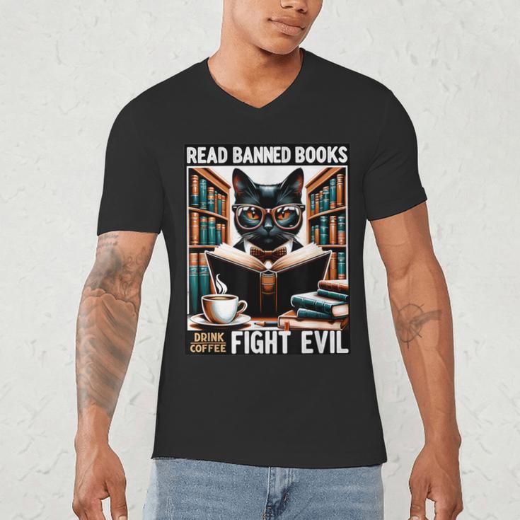Read Banned Books Drink Coffee Fight Evil Book Reader Lovers Men's V-Neck T-Shirt