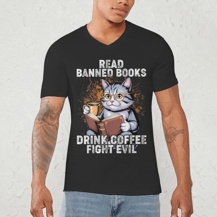 Read Banned Books Drink Coffee Fight Evil Cat Men's V-Neck T-Shirt