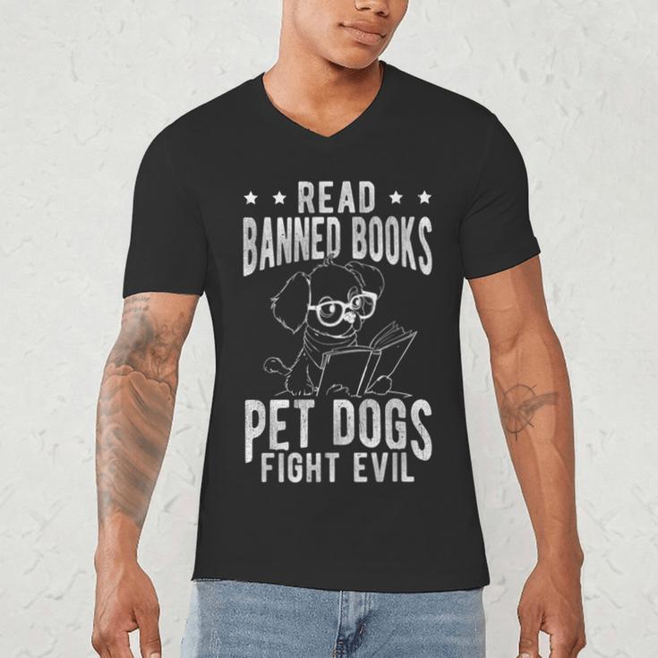 Read Banned Books PET DOGS FIGHT EVIL Read Books Reader Men's V-Neck T-Shirt
