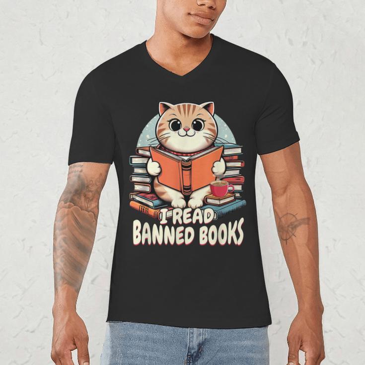 I Read Banned Books Shirt Cat Lover Bookworm Reader Men Women Kids Men's V-Neck T-Shirt