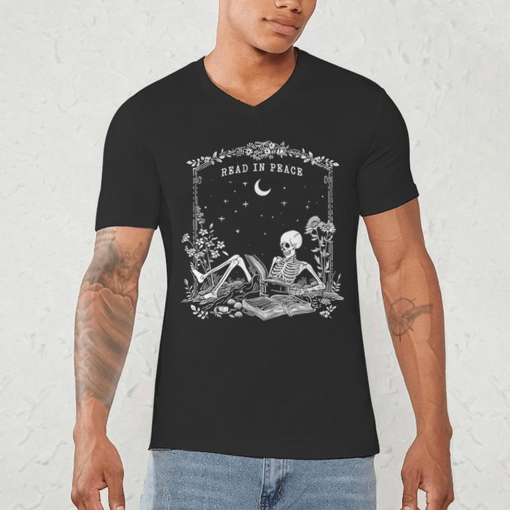 Read In Peace Skeleton Reading Book Halloween Bookish Men's V-Neck T-Shirt
