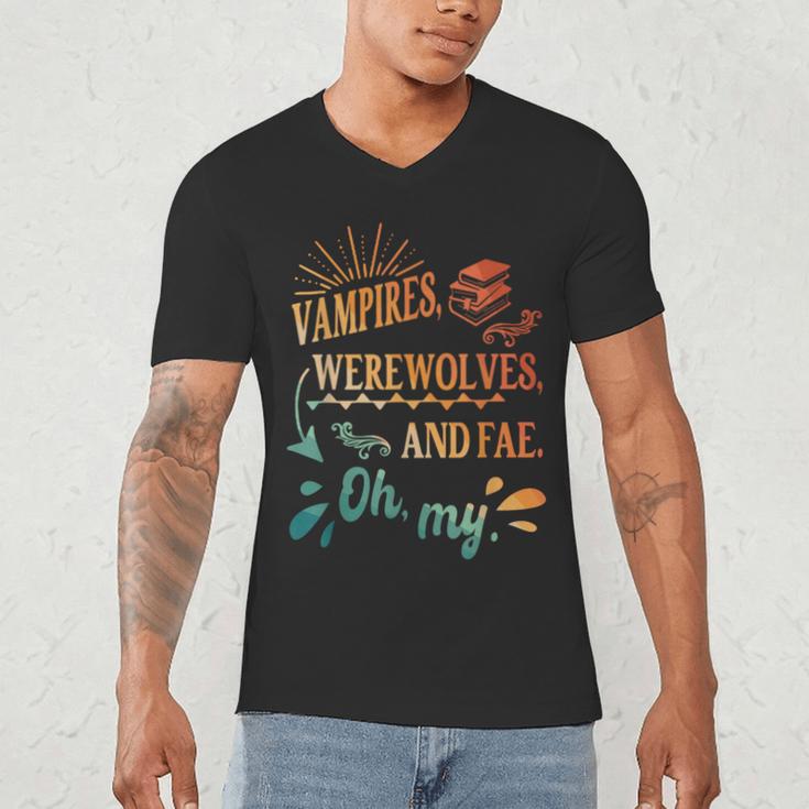 Readers Books Lovers BFF Books Club Paranormal Romance Reading Book Vampires Werewolves & Fae -Adults Short Sleeve Men's V-Neck T-Shirt