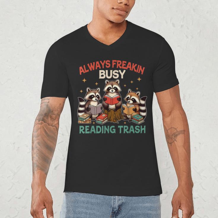 Reading Book Lover Racoon Always Freakin Busy Reading Trash Men's V-Neck T-Shirt