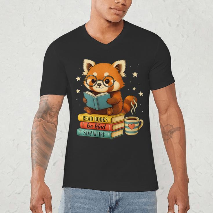 Reading Book Lover Red Panda Read Books Be Kind Stays Weird Men's V-Neck T-Shirt Reading Book Lover Red Panda Read Books Be Kind Stays Weird Men's V-Neck T-Shirt
