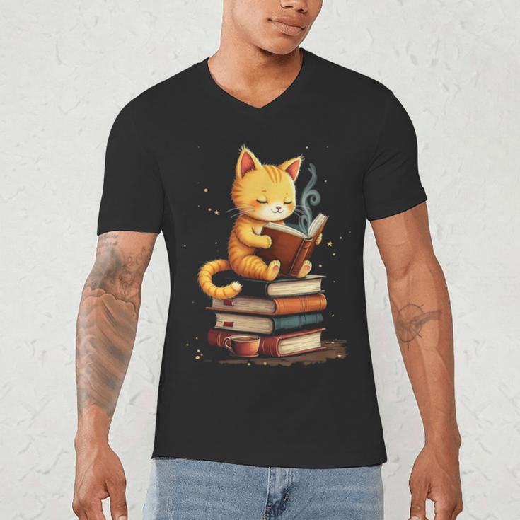 Reading Cat Books Cute Men's V-Neck T-Shirt Reading Cat Books Cute Men's V-Neck T-Shirt