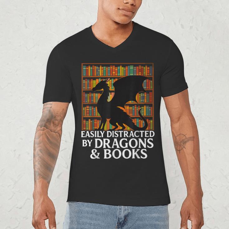 Reading Dragon Easily Distracted By Dragons And Books Men's V-Neck T-Shirt Reading Dragon Easily Distracted By Dragons And Books Men's V-Neck T-Shirt