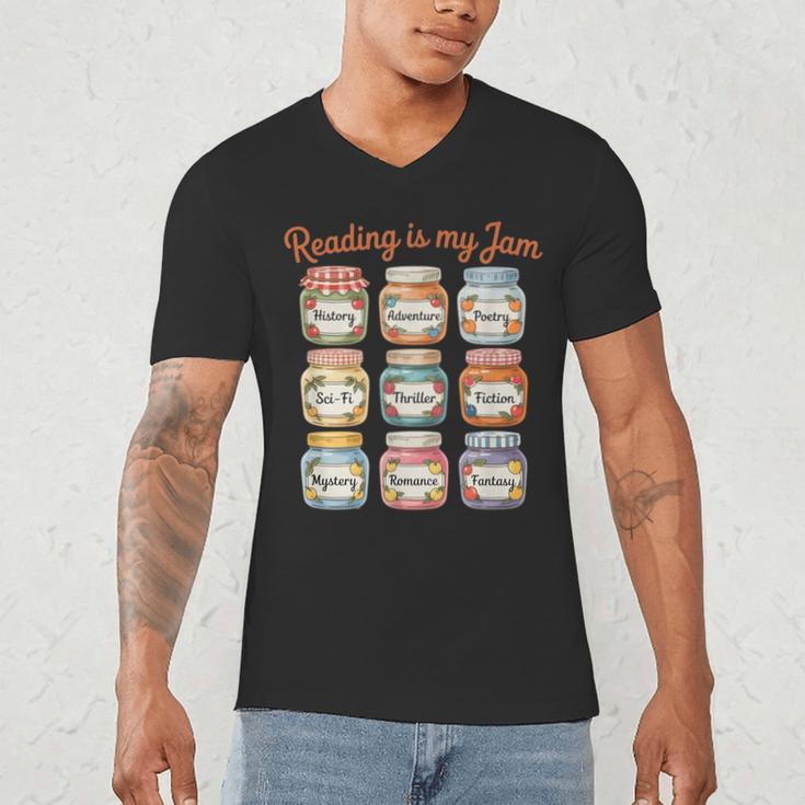 Reading Is My Jam Cute Jelly Jars Book Genres Men's V-Neck T-Shirt
