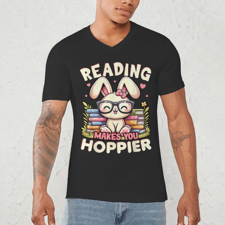Reading Makes You Hoppier Bunny Book Fans Toddler Kid Men's V-Neck T-Shirt Reading Makes You Hoppier Bunny Book Fans Toddler Kid Men's V-Neck T-Shirt