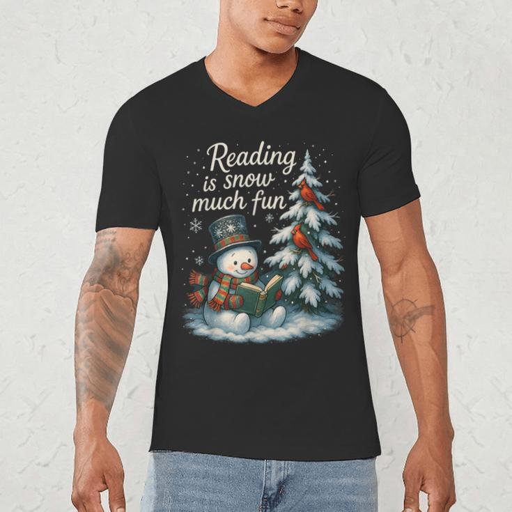 Reading Is Snow Much Fun Christmas Books Snowman Bookworm Men's V-Neck T-Shirt