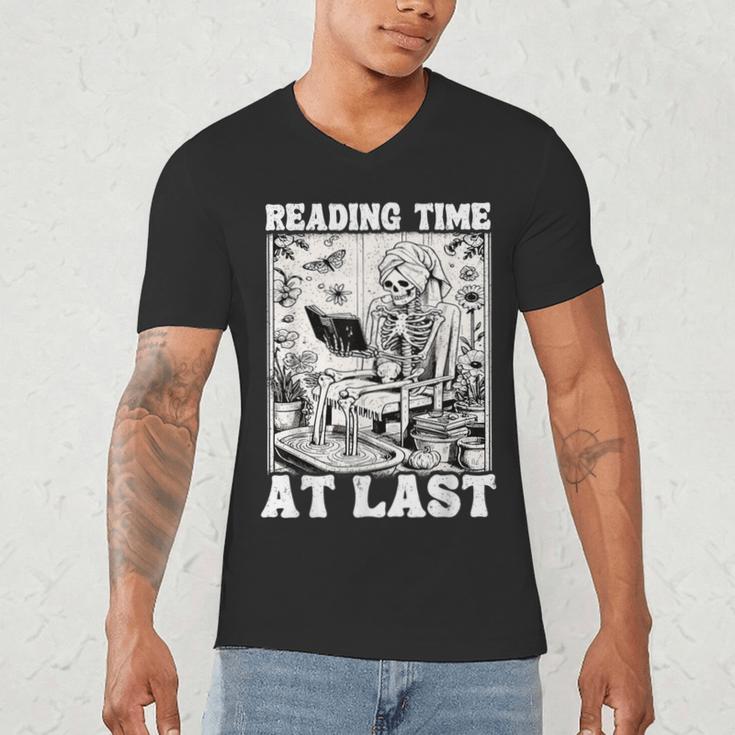 Reading Time At Last Book Lover Introvert Skeleton Reading Men's V-Neck T-Shirt Reading Time At Last Book Lover Introvert Skeleton Reading Men's V-Neck T-Shirt