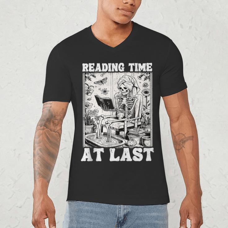 Reading Time At Last Book Lover Introvert Skeleton Reading Men's V-Neck T-Shirt Reading Time At Last Book Lover Introvert Skeleton Reading Men's V-Neck T-Shirt