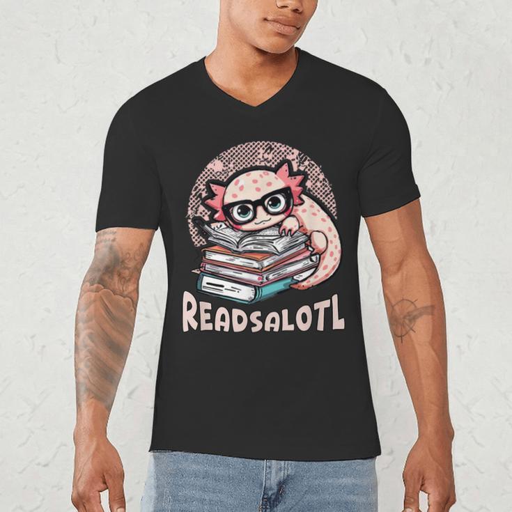 Readsalotl Axolotl Reading Books Glasses Bookworm Pun Fun Men's V-Neck T-Shirt