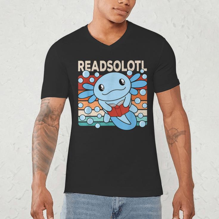 Readsolotl Blue Kawaii Axolotl Book Lover Reading Retro Men's V-Neck T-Shirt