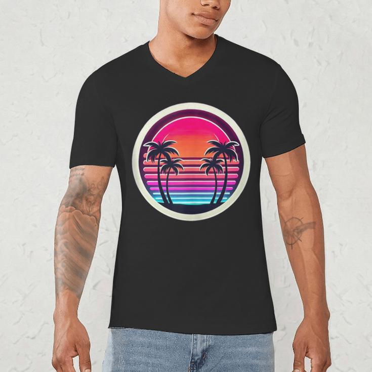 Retro 80s Synthwave Sunset & Palm Trees Retro Nostalgia 80s Men's V-Neck T-Shirt