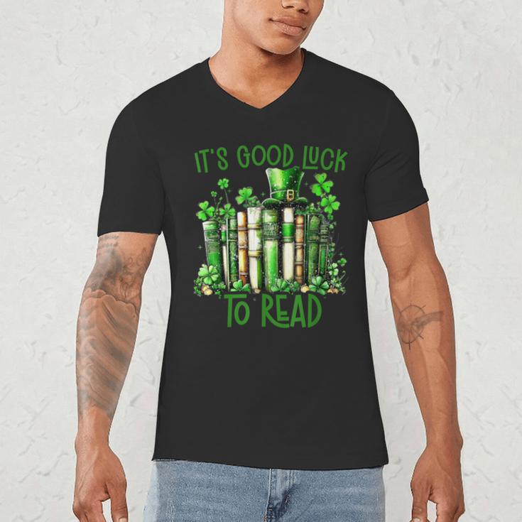 Retro Book Lucky Reading Teacher St Patrick's Day -Adults Small Cotton Blend Polyester Blend Short Sleeve Men's V-Neck T-Shirt