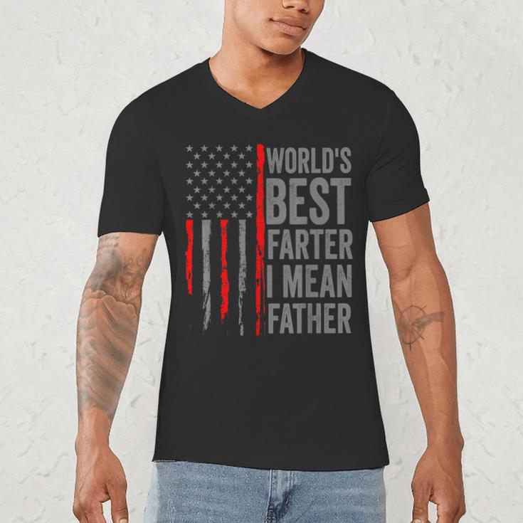 Retro Dad World's Best Farter I Mean Father Vintage Flag Usa Men's V-Neck T-Shirt