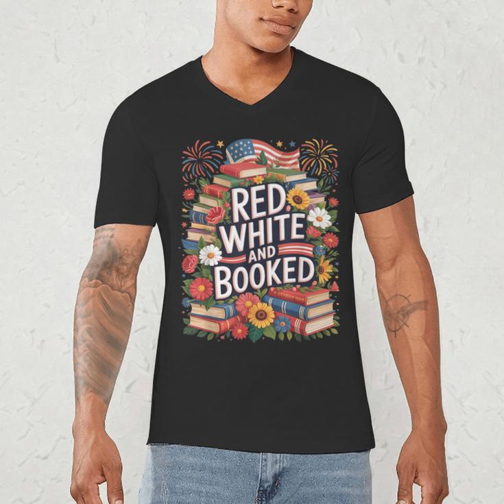 Retro Floral Red & Booked Library Reading 4th Of July Men's V-Neck T-Shirt