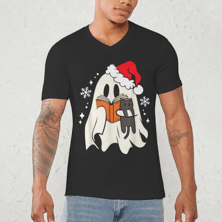 Retro Ghost Reading Book With Cat Bookish Club Christmas Men Women Kids Men's V-Neck T-Shirt