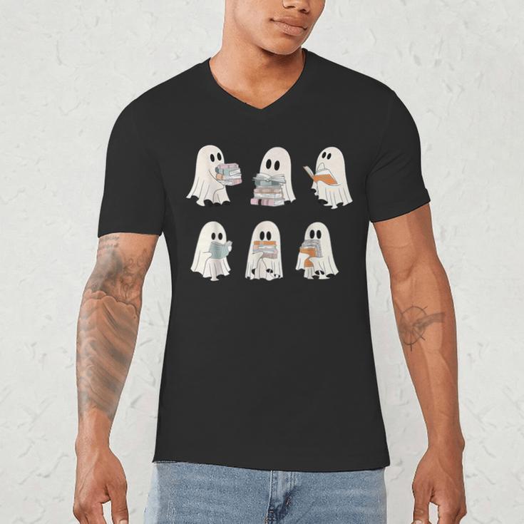 Retro Ghost Reading Books Halloween Bookish Ghost Bookworm Men's V-Neck T-Shirt