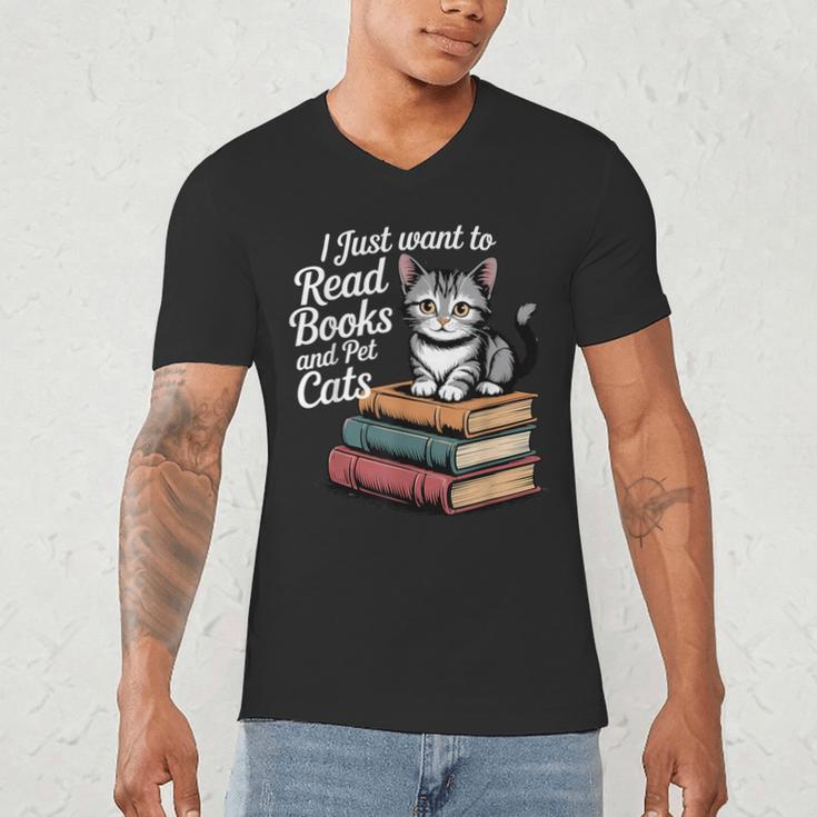 Retro I Just Want To Read Books And Pet Cats Cat For Men Women Kids Men's V-Neck T-Shirt