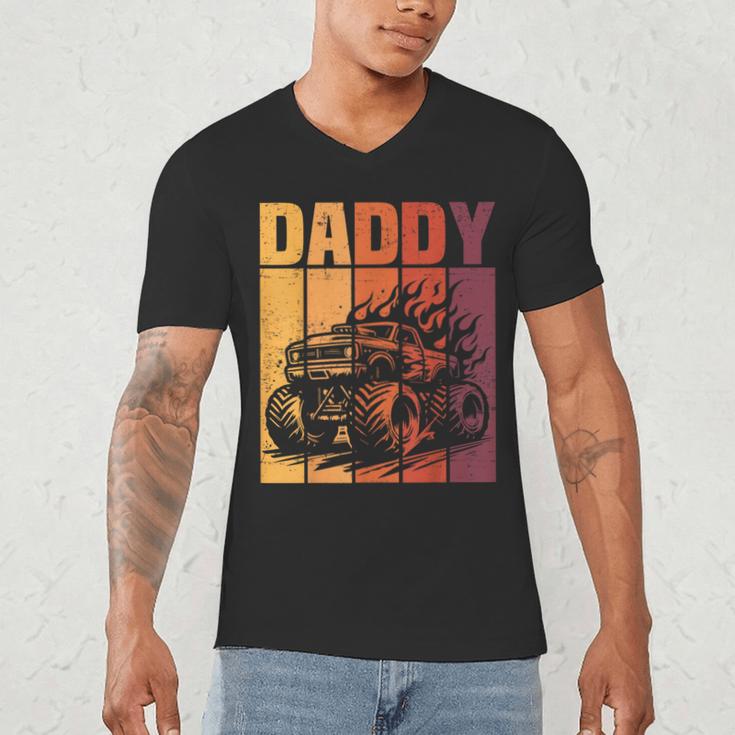 Retro Monster Truck Daddy Matching Family Birthday Party Men's V-Neck T-Shirt