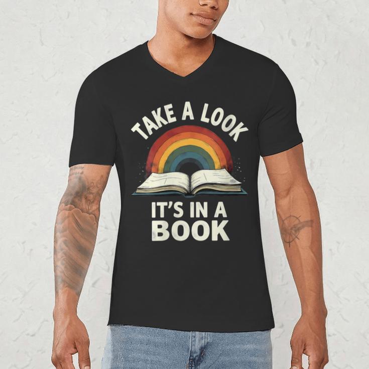 Retro Rainbow Take A Look It's In A Book Reading Men's V-Neck T-Shirt Retro Rainbow Take A Look It's In A Book Reading Men's V-Neck T-Shirt