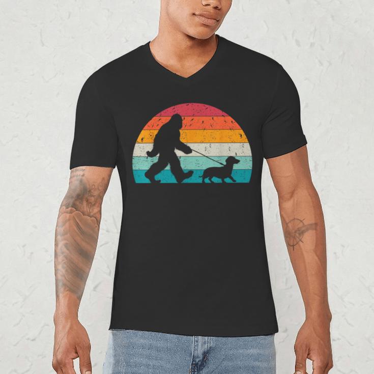 Retro Sasquatch Lover Doxie Wiener Dog Walker Bigfoot Walking a Dog Dachshund Weiner Dog Dad Weenie Small Men's V-Neck T-Shirt