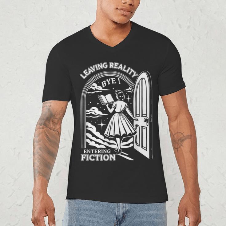 Retro Trendy Bookish Book Lover Reading Quotes Leaving Reality Entering Fiction -Adults Small Short Sleeve T-Shirt Men's V-Neck T-Shirt