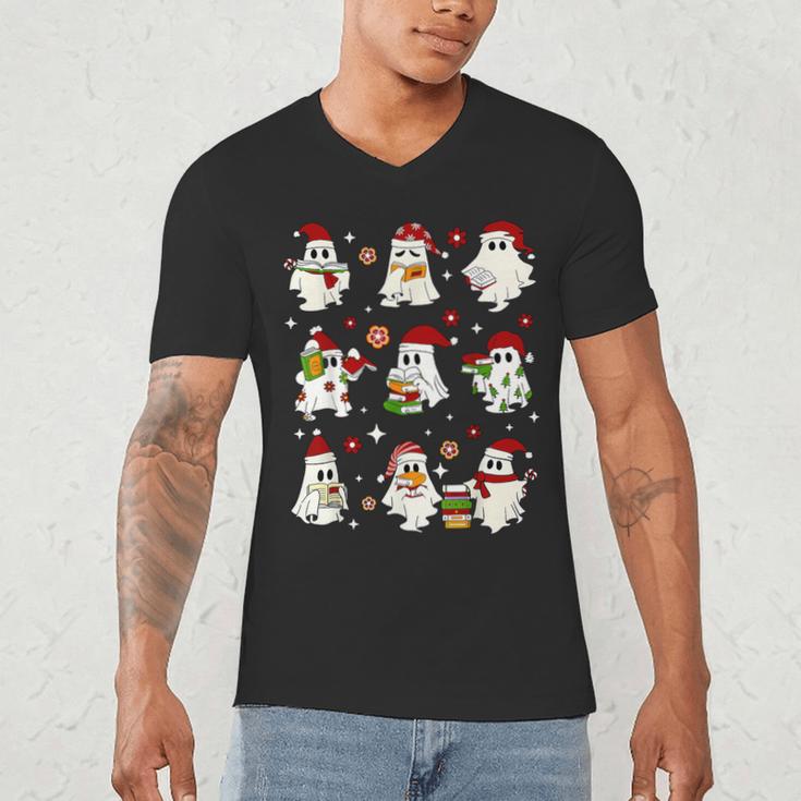 Santa Ghost Reading Books Christmas Library Teacher Men's V-Neck T-Shirt