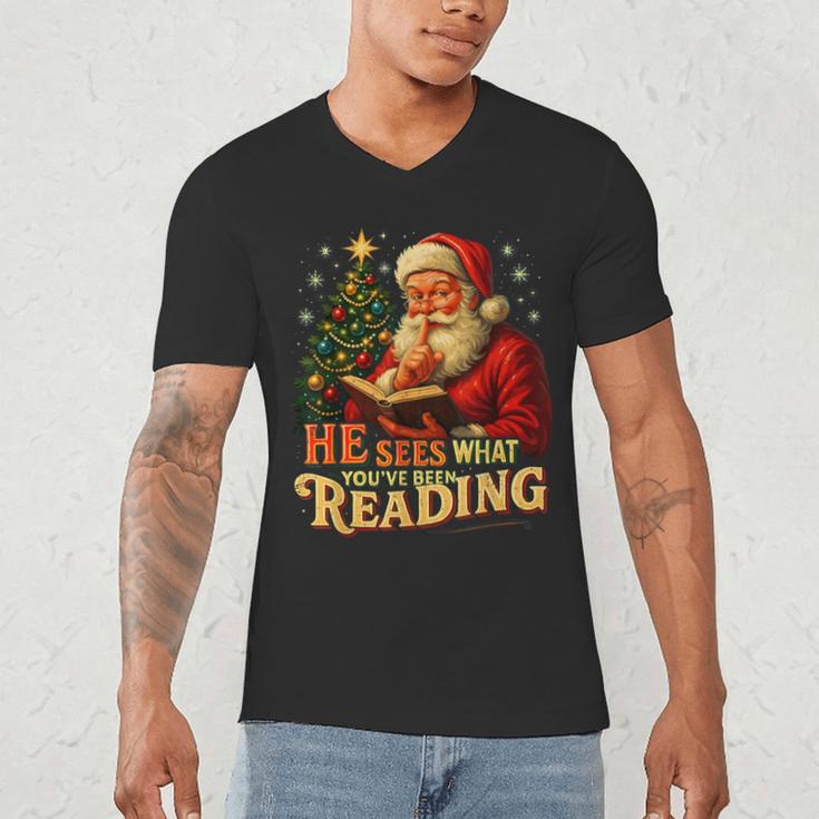 He Sees What You’Ve Been Reading Santa Book Lover Christmas Men's V-Neck T-Shirt He Sees What You’Ve Been Reading Santa Book Lover Christmas Men's V-Neck T-Shirt
