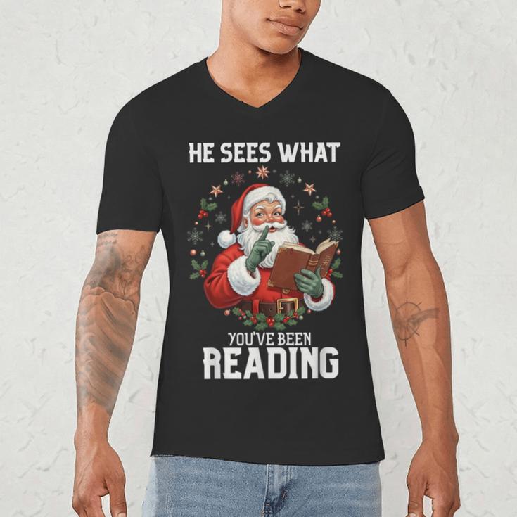 He Sees What You'Ve Been Reading Santa Book Lover Men's V-Neck T-Shirt He Sees What You'Ve Been Reading Santa Book Lover Men's V-Neck T-Shirt