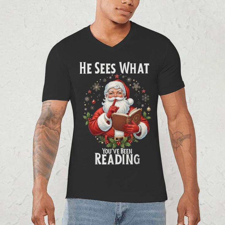 He Sees What You'Ve Been Reading Santa Book Lover For Women Men's V-Neck T-Shirt