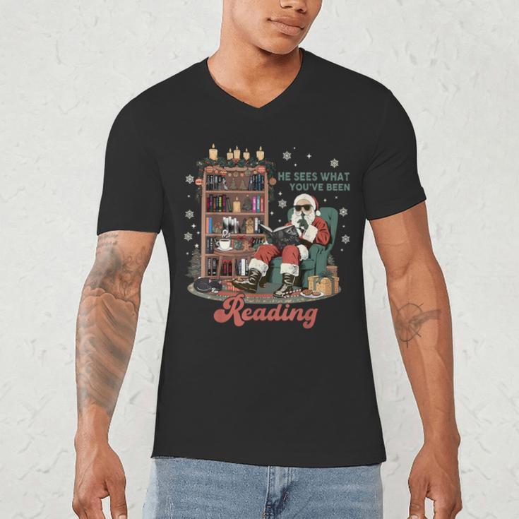 He Sees What You'Ve Been Reading Santa Christmas Bookish Men's V-Neck T-Shirt