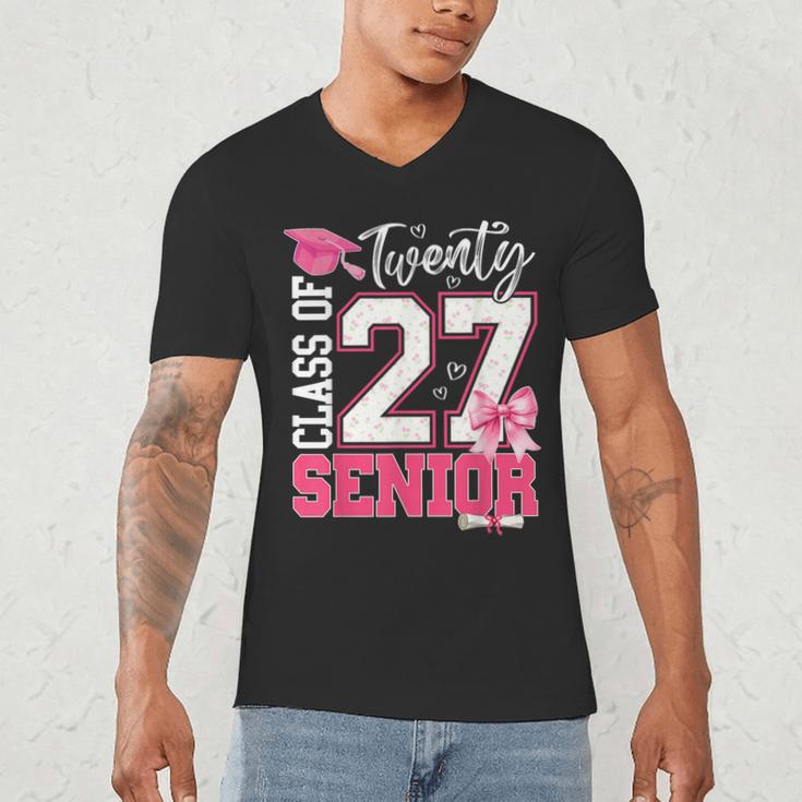 Senior 2027 Class Of 2027 Pink Coquette Bow Graduation Girl Men's V-Neck T-Shirt