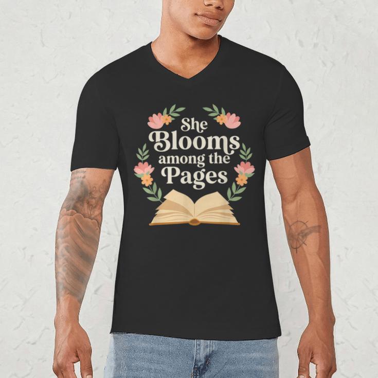 She Blooms Among The Pages Women Mom Wife Floral Book Quote Men's V-Neck T-Shirt She Blooms Among The Pages Women Mom Wife Floral Book Quote Men's V-Neck T-Shirt