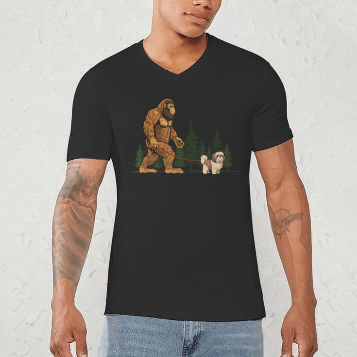 Shih Tzu Bigfoot Dog Walking Mom Dad Kids Men's V-Neck T-Shirt