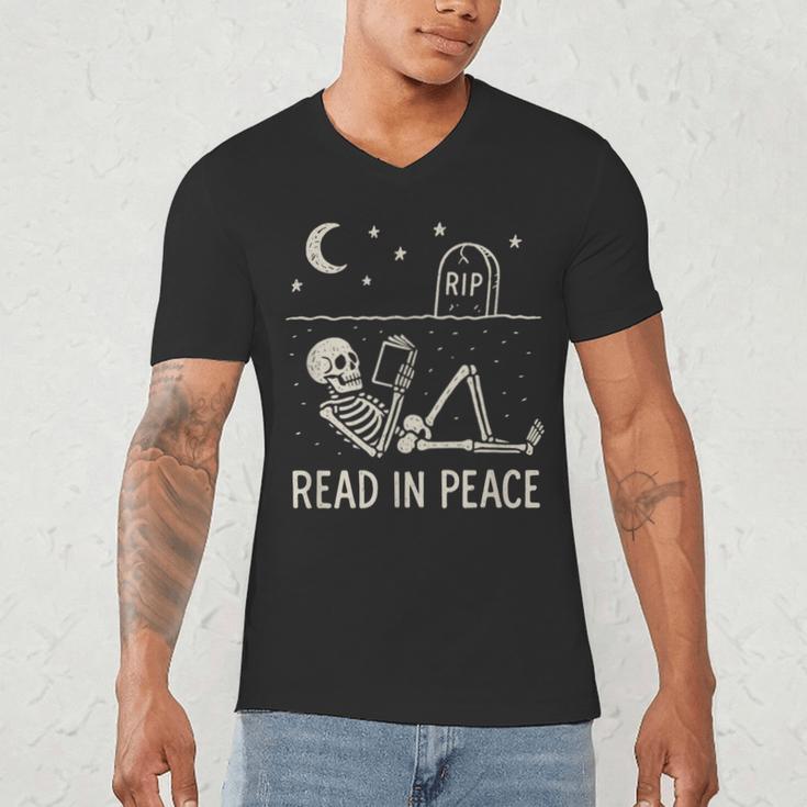 Skeleton Read In Peace Halloween Book Graphic Bookish Men's V-Neck T-Shirt