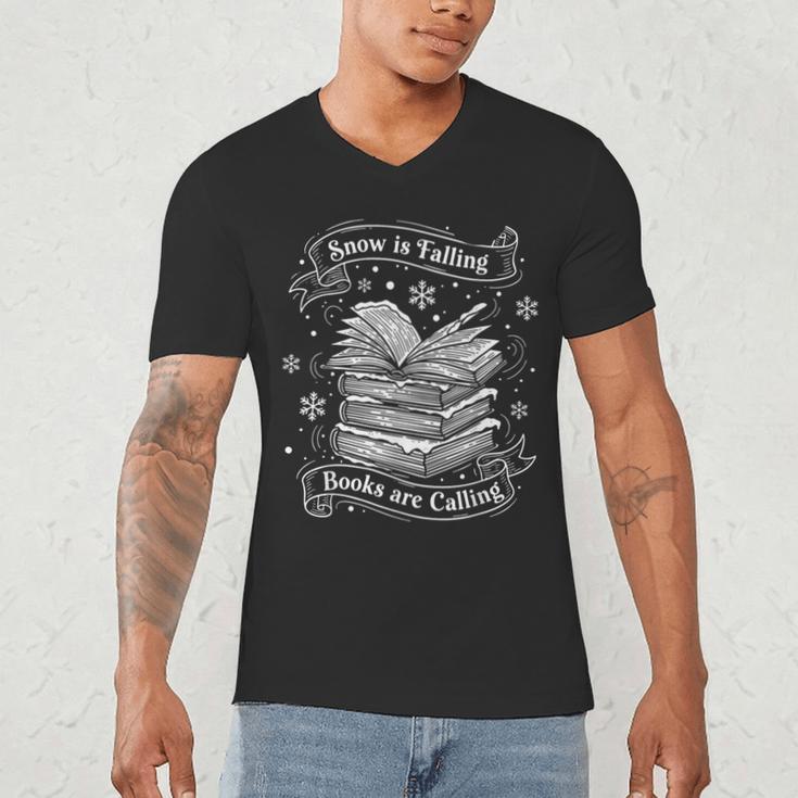 Snow Is Falling Books Are Calling Winter Reading Men's V-Neck T-Shirt Snow Is Falling Books Are Calling Winter Reading Men's V-Neck T-Shirt