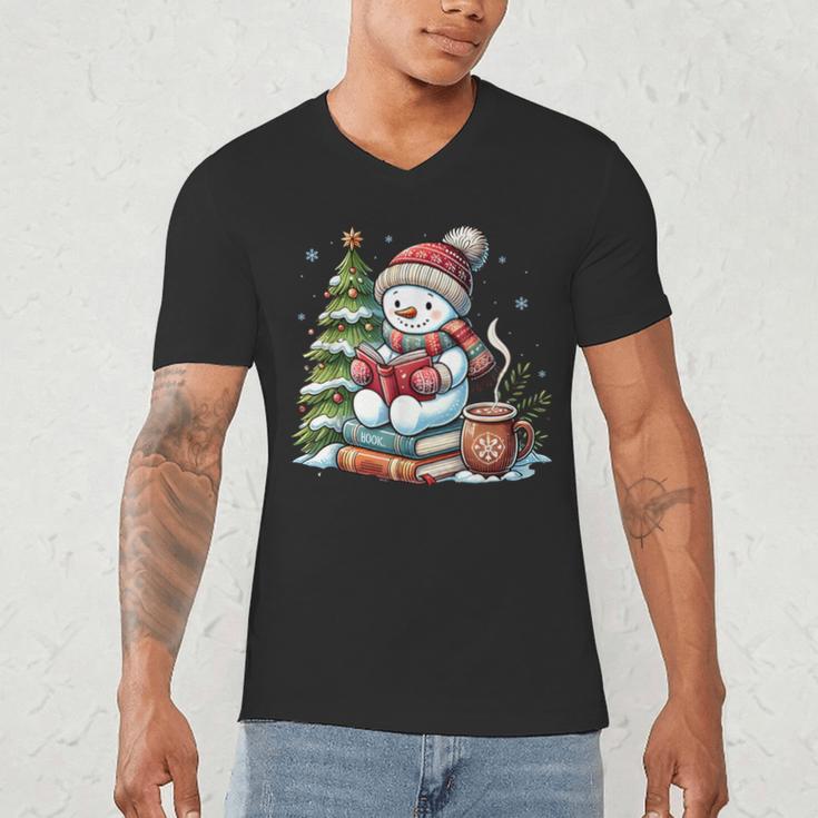 Snowman Reading Book Lovers Christmas Librarian Bookworm Men's V-Neck T-Shirt Snowman Reading Book Lovers Christmas Librarian Bookworm Men's V-Neck T-Shirt