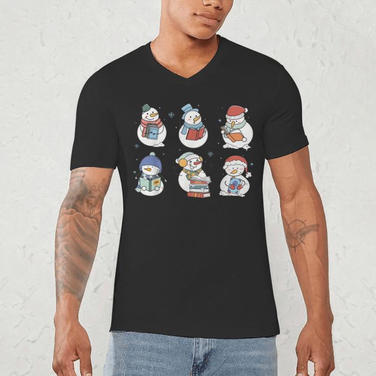Snowman Reading Book Santa Christmas Bookish Teacher Men's V-Neck T-Shirt